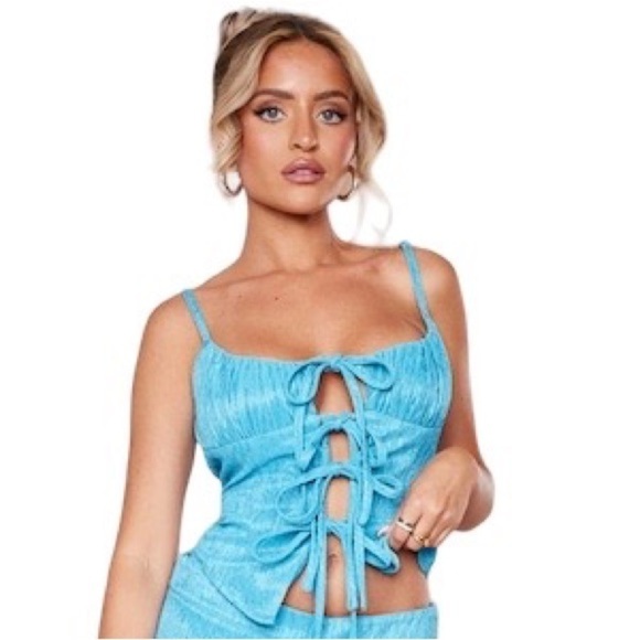 Pretty Little Thing Aqua Blue Plisse Halter Top Size 4 - Picture 7 of 7